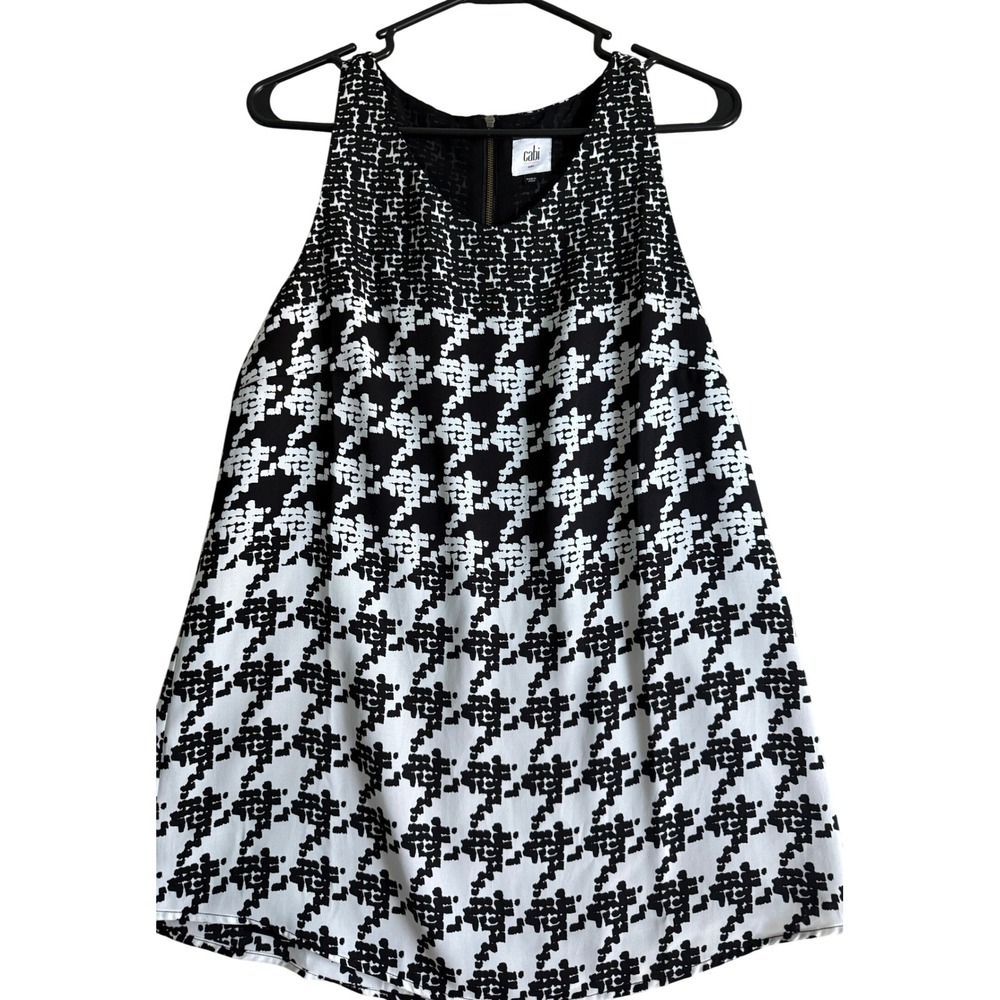 Cabi Black White Pixelated Houndstooth Sleeveless Blouse Back Zip Small